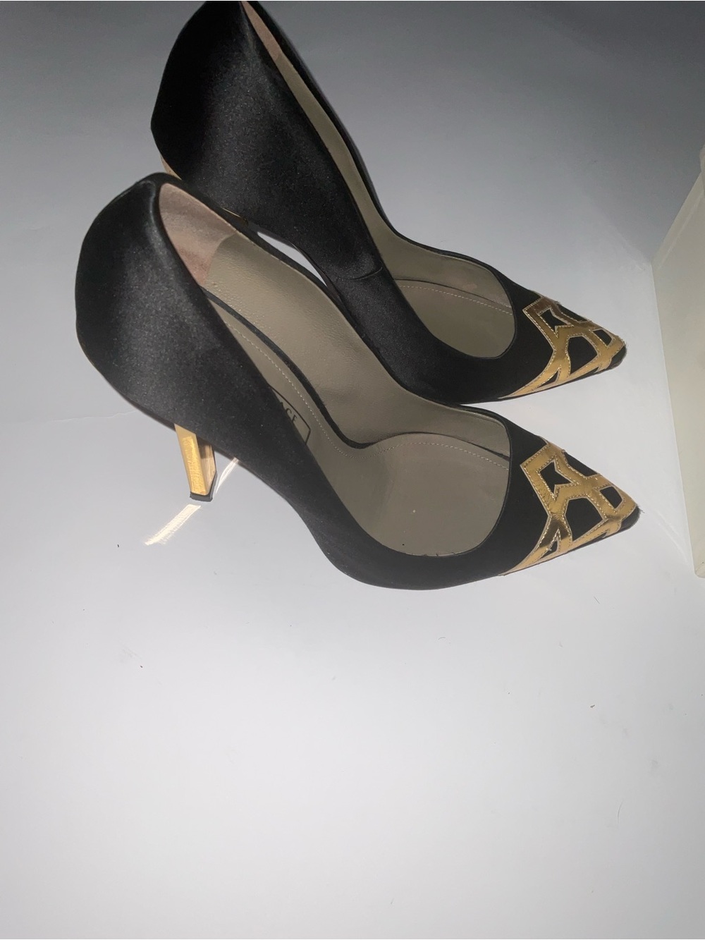 Versace Collection Black Satin Pumps with Gold Stiletto Heels